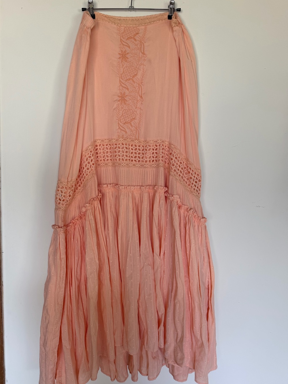 Free People ~ Bohemian Tiered Peach Maxi Skirt - size Lg - Picture 2 of 7